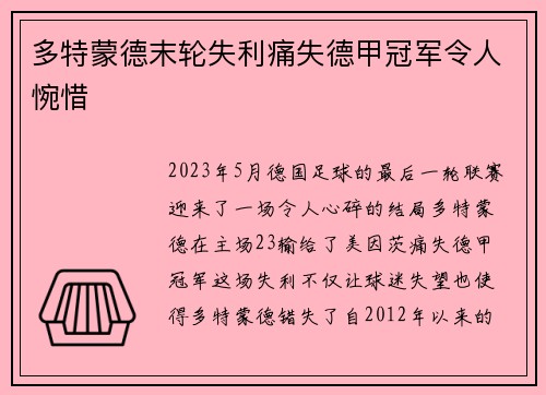 多特蒙德末轮失利痛失德甲冠军令人惋惜