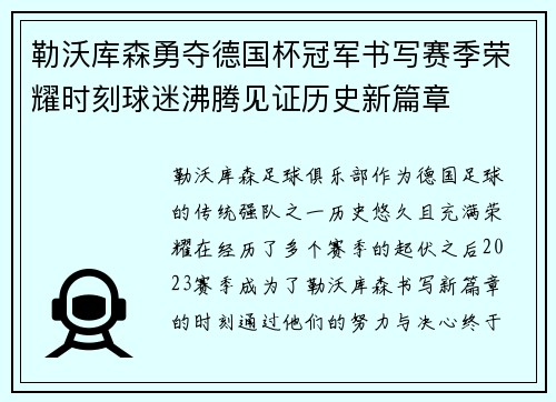 勒沃库森勇夺德国杯冠军书写赛季荣耀时刻球迷沸腾见证历史新篇章